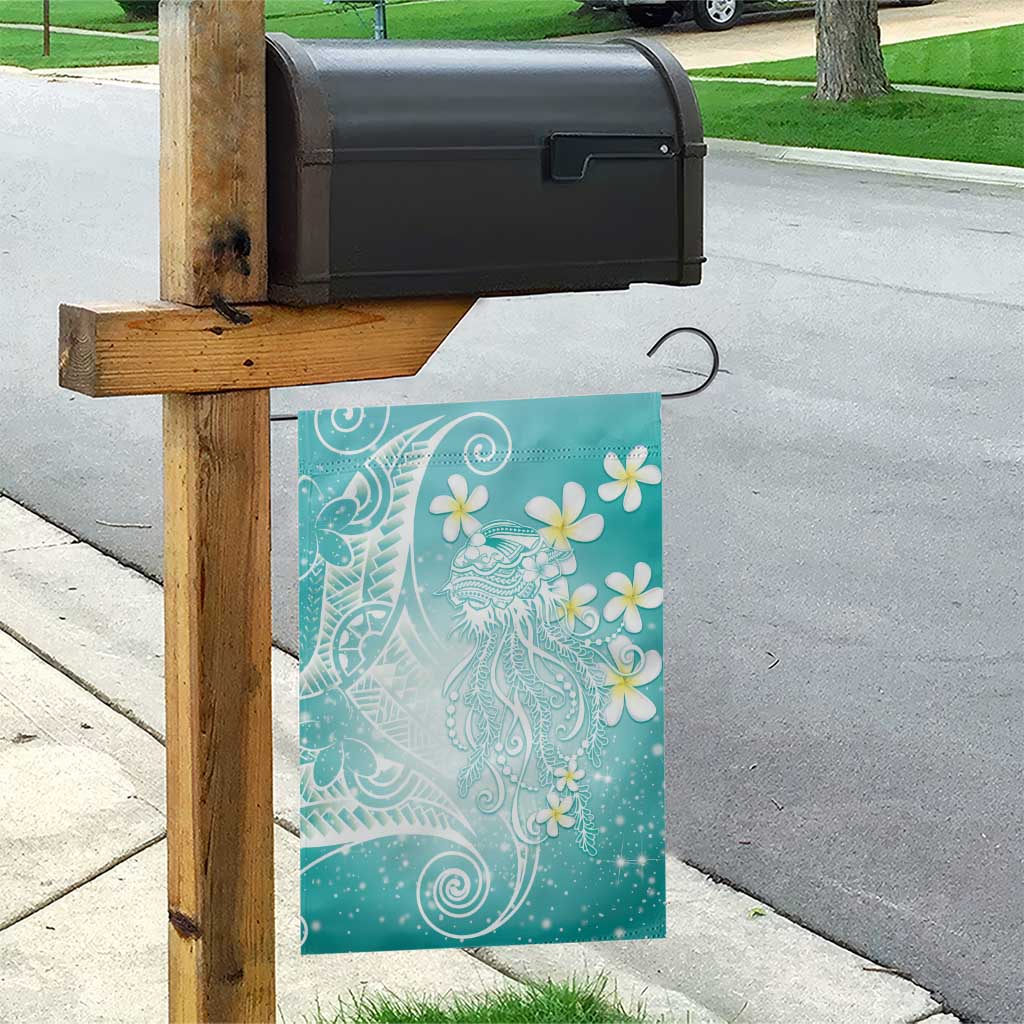Polynesian Jellyfish Garden Flag With Plumeria Teal LT05 - Polynesian Pride