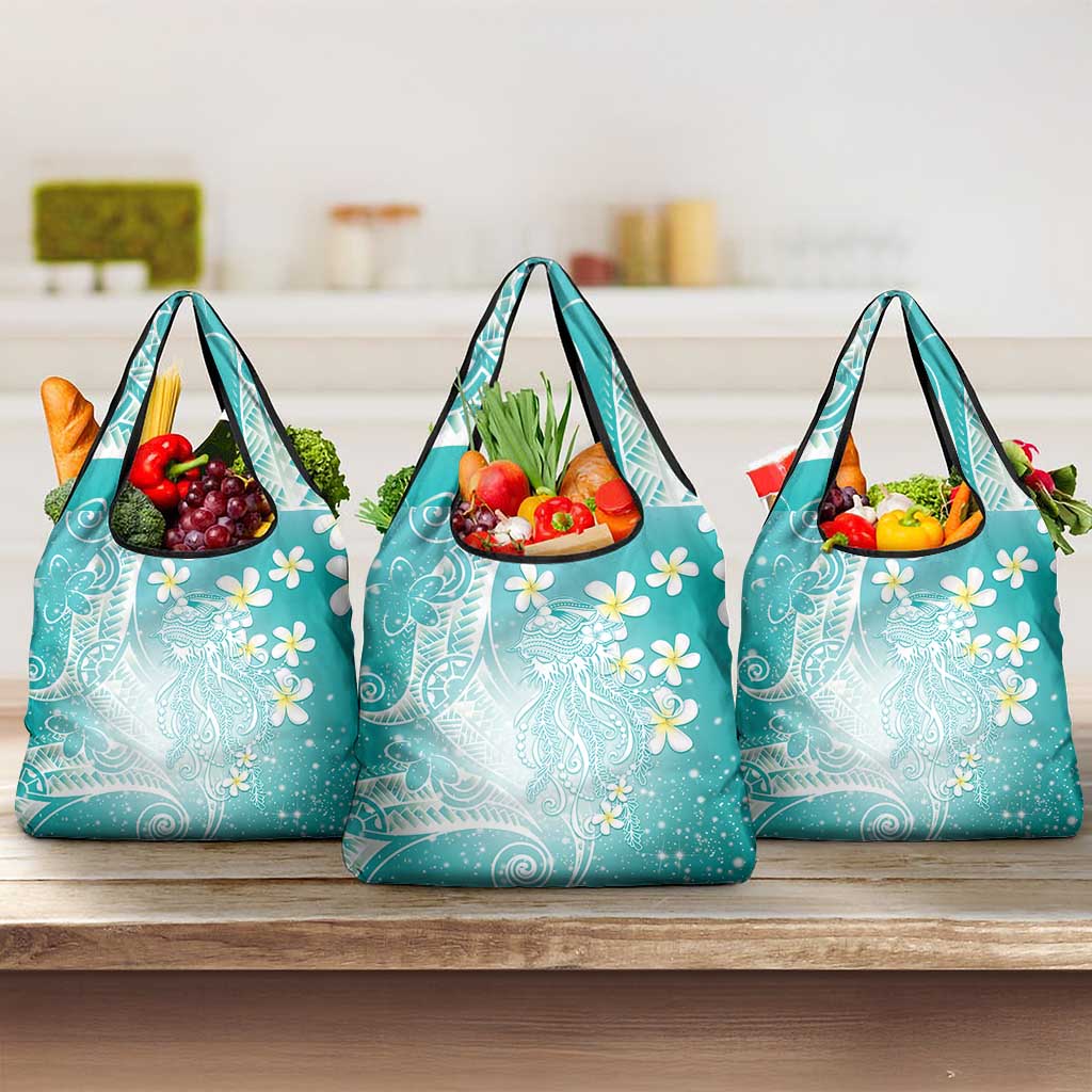Polynesian Jellyfish Grocery Bag With Plumeria Teal LT05 3-pack One Size Teal - Polynesian Pride