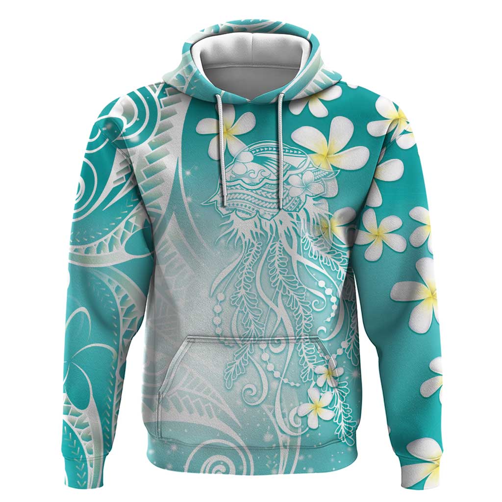 Polynesian Jellyfish Hoodie With Plumeria Teal LT05 Pullover Hoodie Teal - Polynesian Pride