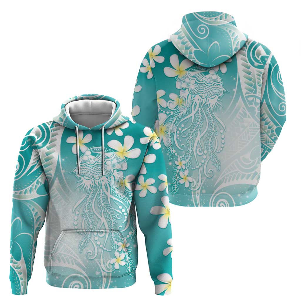 Polynesian Jellyfish Hoodie With Plumeria Teal LT05 - Polynesian Pride