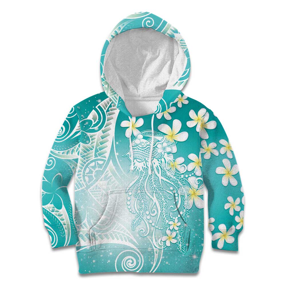Polynesian Jellyfish Kid Hoodie With Plumeria Teal LT05 Hoodie Teal - Polynesian Pride