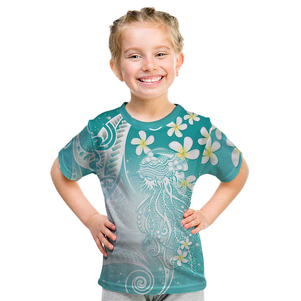 Polynesian Jellyfish Kid T Shirt With Plumeria Teal LT05 Teal - Polynesian Pride
