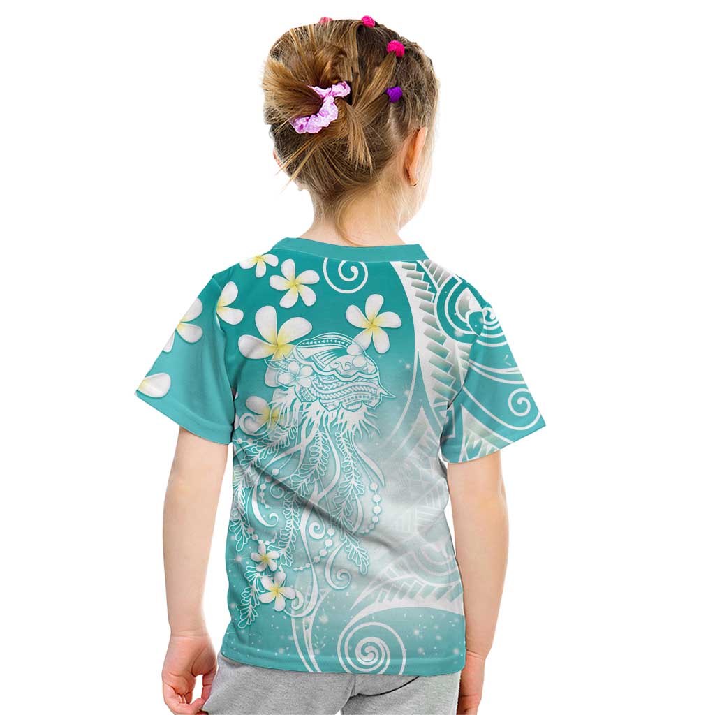 Polynesian Jellyfish Kid T Shirt With Plumeria Teal LT05 - Polynesian Pride