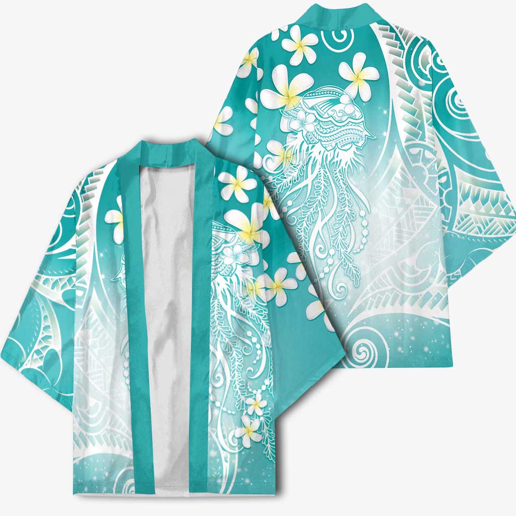 Polynesian Jellyfish Kimono With Plumeria Teal LT05 - Polynesian Pride