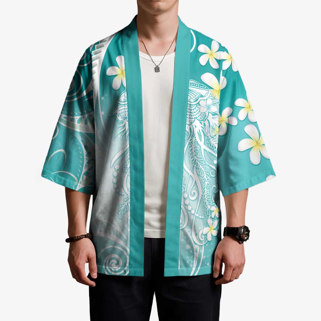 Polynesian Jellyfish Kimono With Plumeria Teal LT05 - Polynesian Pride