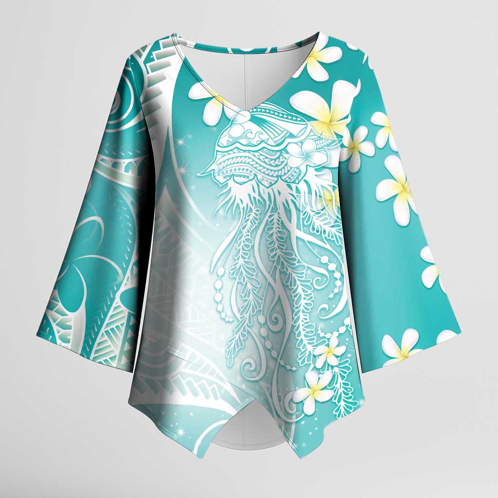 Polynesian Jellyfish Kimono Sleeve Blouse With Plumeria Teal LT05 Female Teal - Polynesian Pride