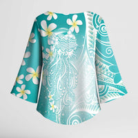 Polynesian Jellyfish Kimono Sleeve Blouse With Plumeria Teal LT05 - Polynesian Pride