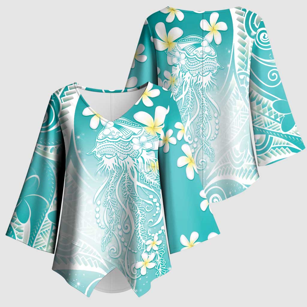 Polynesian Jellyfish Kimono Sleeve Blouse With Plumeria Teal LT05 - Polynesian Pride