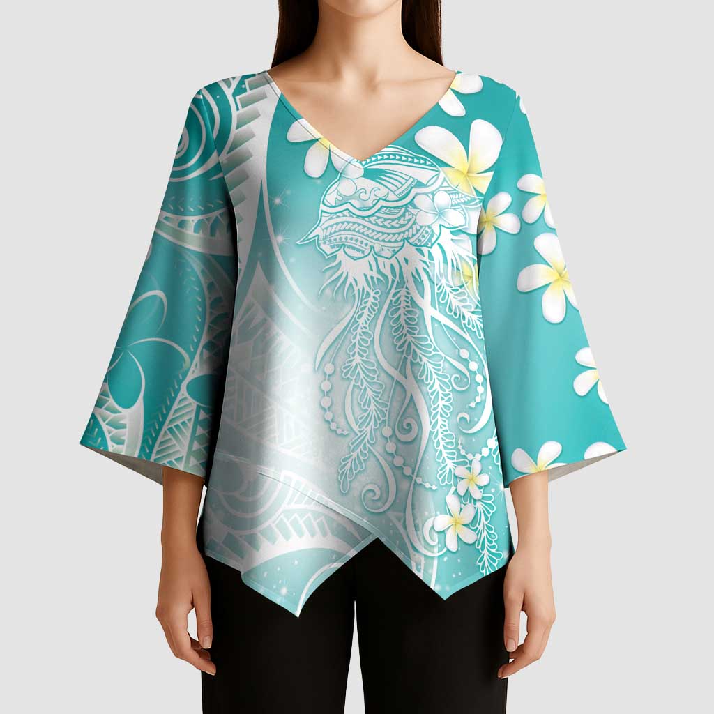 Polynesian Jellyfish Kimono Sleeve Blouse With Plumeria Teal LT05 - Polynesian Pride
