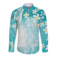 Polynesian Jellyfish Long Sleeve Button Shirt With Plumeria Teal LT05 Unisex Teal - Polynesian Pride