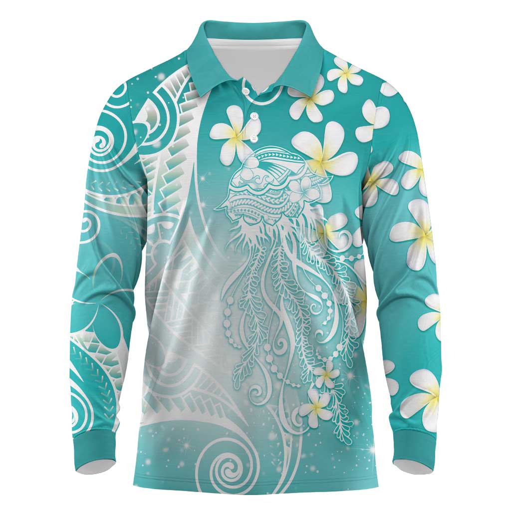 Polynesian Jellyfish Long Sleeve Polo Shirt With Plumeria Teal LT05 Teal - Polynesian Pride