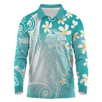 Polynesian Jellyfish Long Sleeve Polo Shirt With Plumeria Teal LT05 Teal - Polynesian Pride