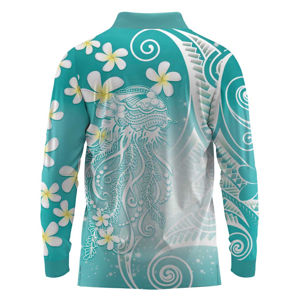 Polynesian Jellyfish Long Sleeve Polo Shirt With Plumeria Teal LT05 - Polynesian Pride