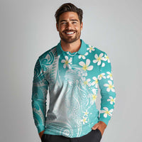 Polynesian Jellyfish Long Sleeve Polo Shirt With Plumeria Teal LT05 - Polynesian Pride