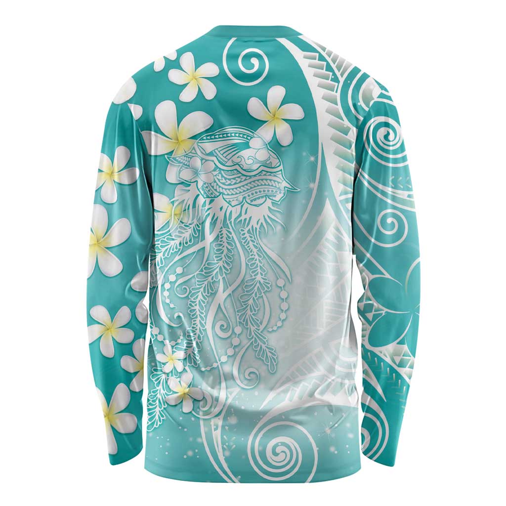 Polynesian Jellyfish Long Sleeve Shirt With Plumeria Teal LT05 - Polynesian Pride