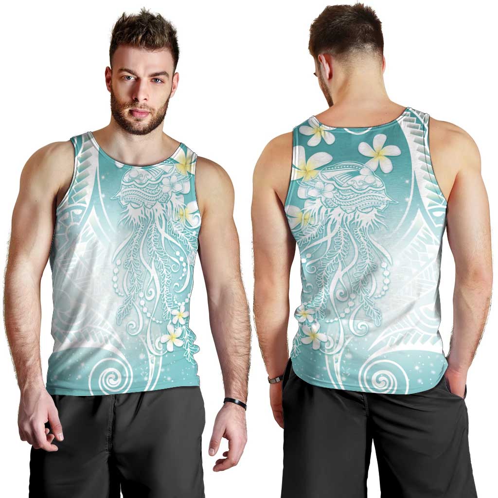Polynesian Jellyfish Men Tank Top With Plumeria Teal LT05 - Polynesian Pride