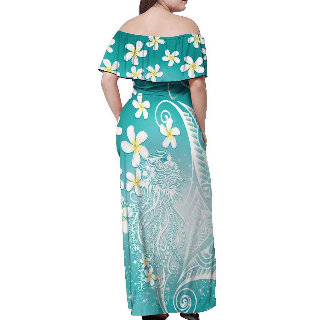 Polynesian Jellyfish Off Shoulder Maxi Dress With Plumeria Teal LT05 - Polynesian Pride