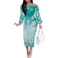 Polynesian Jellyfish Off The Shoulder Long Sleeve Dress With Plumeria Teal LT05 Women Teal - Polynesian Pride