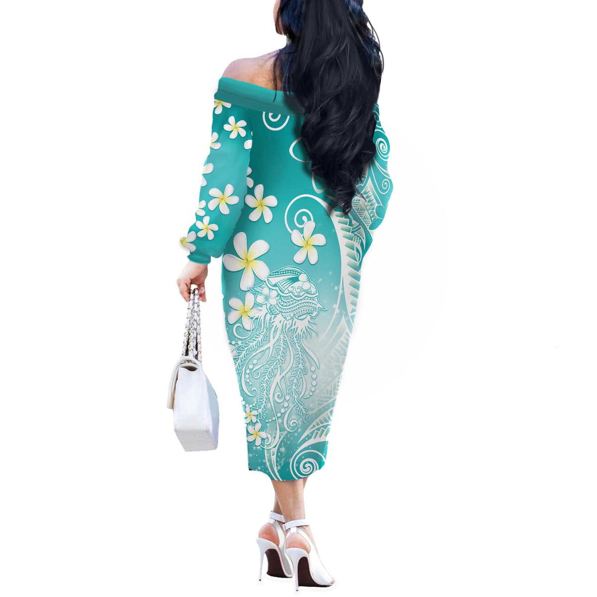 Polynesian Jellyfish Off The Shoulder Long Sleeve Dress With Plumeria Teal LT05 - Polynesian Pride