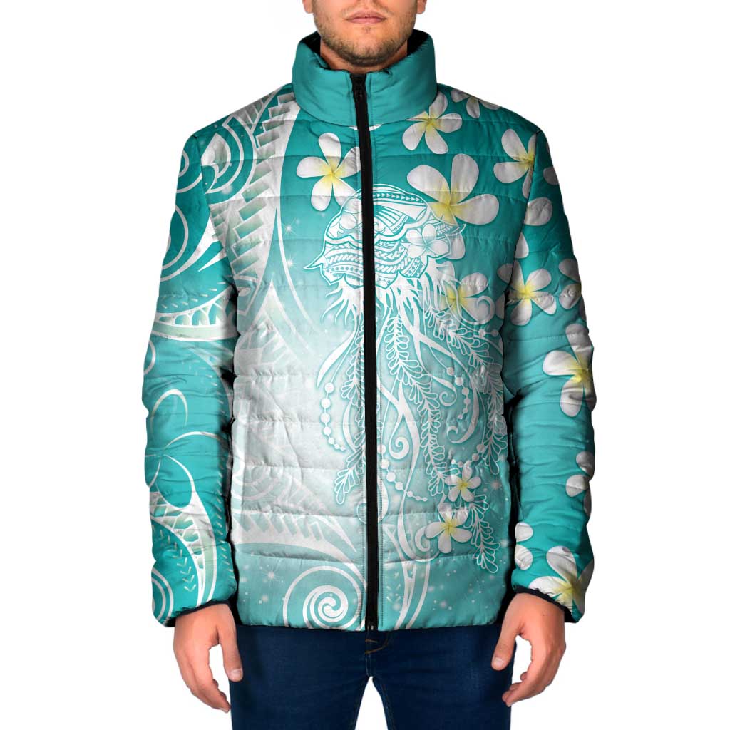 Polynesian Jellyfish Padded Jacket With Plumeria Teal LT05 Men Teal - Polynesian Pride