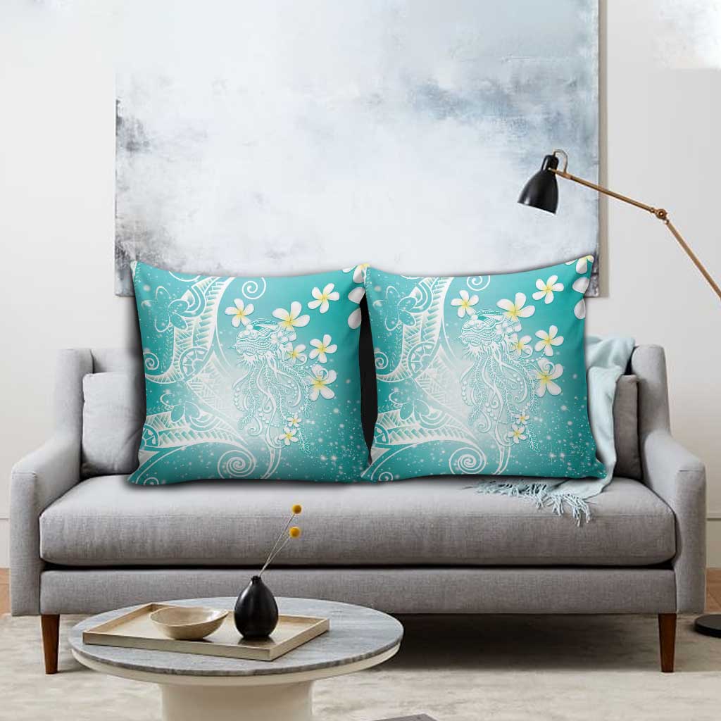 Polynesian Jellyfish Pillow Cover With Plumeria Teal LT05 - Polynesian Pride