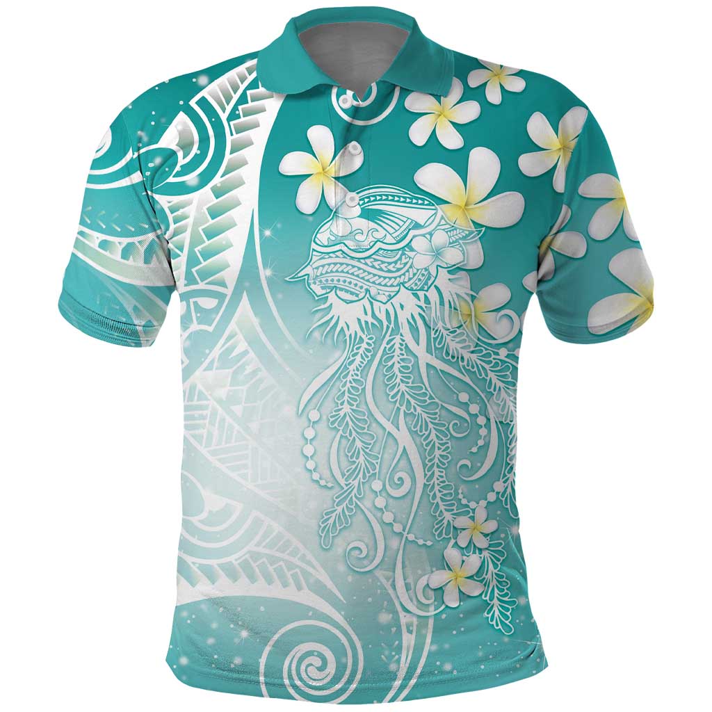 Polynesian Jellyfish Polo Shirt With Plumeria Teal LT05 Teal - Polynesian Pride