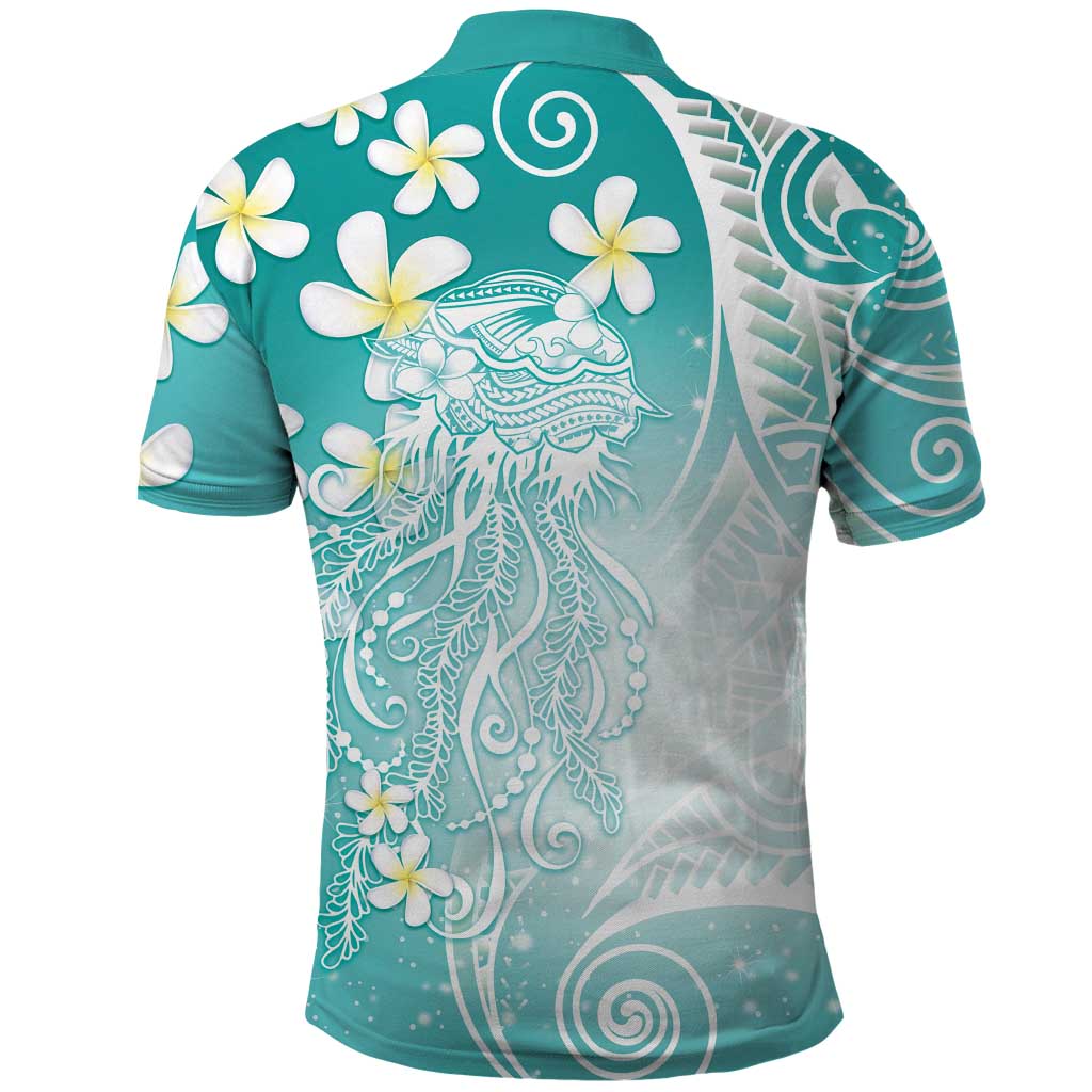 Polynesian Jellyfish Polo Shirt With Plumeria Teal LT05 - Polynesian Pride