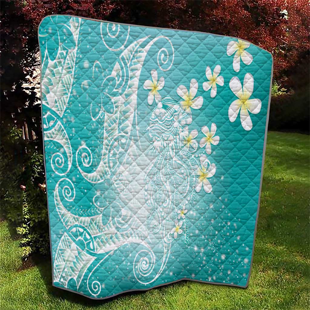 Polynesian Jellyfish Quilt With Plumeria Teal