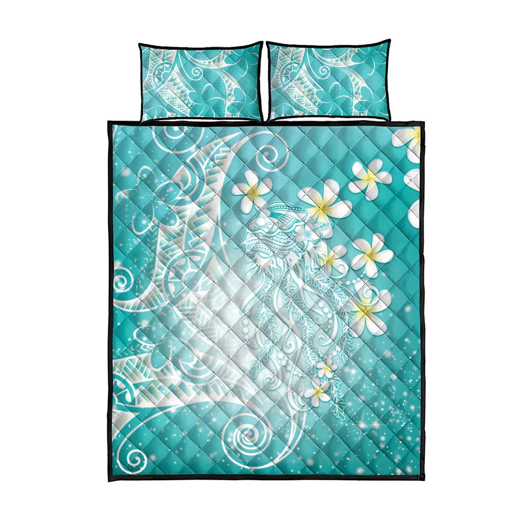 Polynesian Jellyfish Quilt Bed Set With Plumeria Teal LT05 - Polynesian Pride