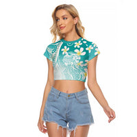 Polynesian Jellyfish Raglan Cropped T Shirt With Plumeria Teal LT05 Female Teal - Polynesian Pride