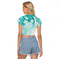Polynesian Jellyfish Raglan Cropped T Shirt With Plumeria Teal LT05 - Polynesian Pride