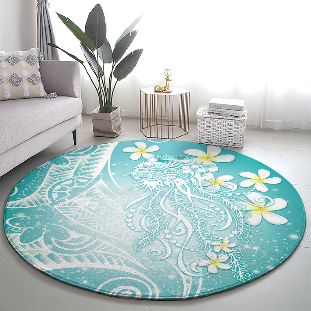 Polynesian Jellyfish Round Carpet With Plumeria Teal LT05 - Polynesian Pride