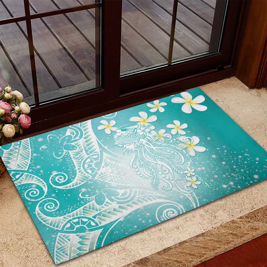 Polynesian Jellyfish Rubber Doormat With Plumeria Teal LT05 - Polynesian Pride