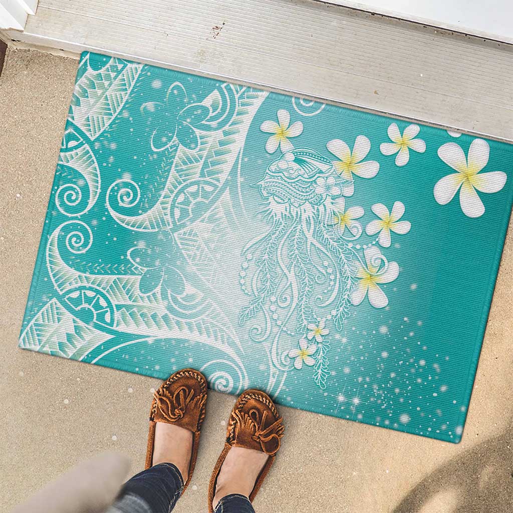 Polynesian Jellyfish Rubber Doormat With Plumeria Teal LT05 - Polynesian Pride