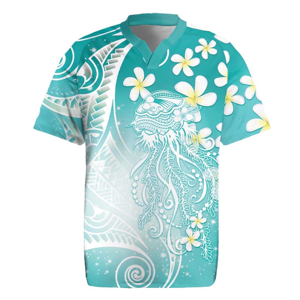 Polynesian Jellyfish Rugby Jersey With Plumeria Teal LT05 Teal - Polynesian Pride