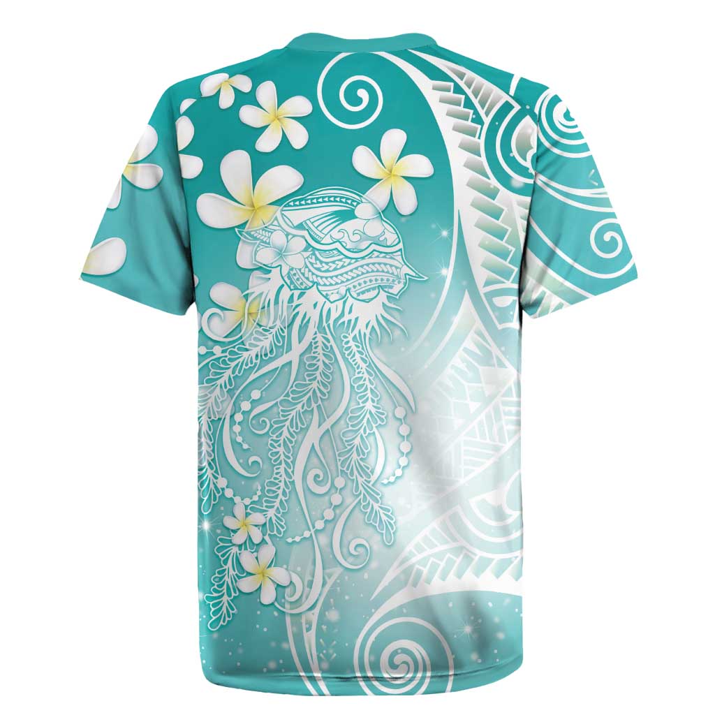Polynesian Jellyfish Rugby Jersey With Plumeria Teal LT05 - Polynesian Pride