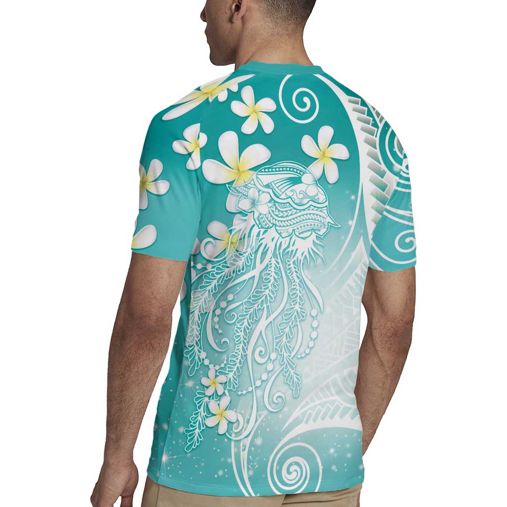Polynesian Jellyfish Rugby Jersey With Plumeria Teal LT05 - Polynesian Pride