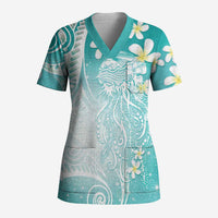 Polynesian Jellyfish Scrub Top With Plumeria Teal LT05 Adult Teal - Polynesian Pride