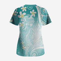 Polynesian Jellyfish Scrub Top With Plumeria Teal LT05 - Polynesian Pride