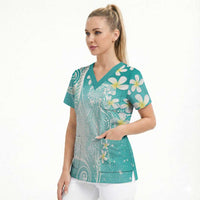 Polynesian Jellyfish Scrub Top With Plumeria Teal LT05 - Polynesian Pride