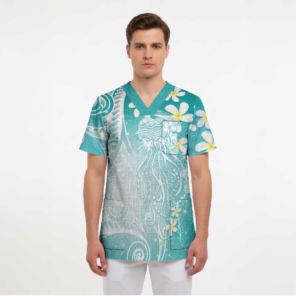 Polynesian Jellyfish Scrub Top With Plumeria Teal LT05 - Polynesian Pride