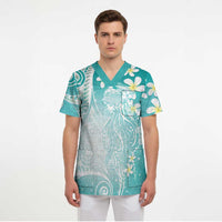 Polynesian Jellyfish Scrub Top With Plumeria Teal LT05 - Polynesian Pride