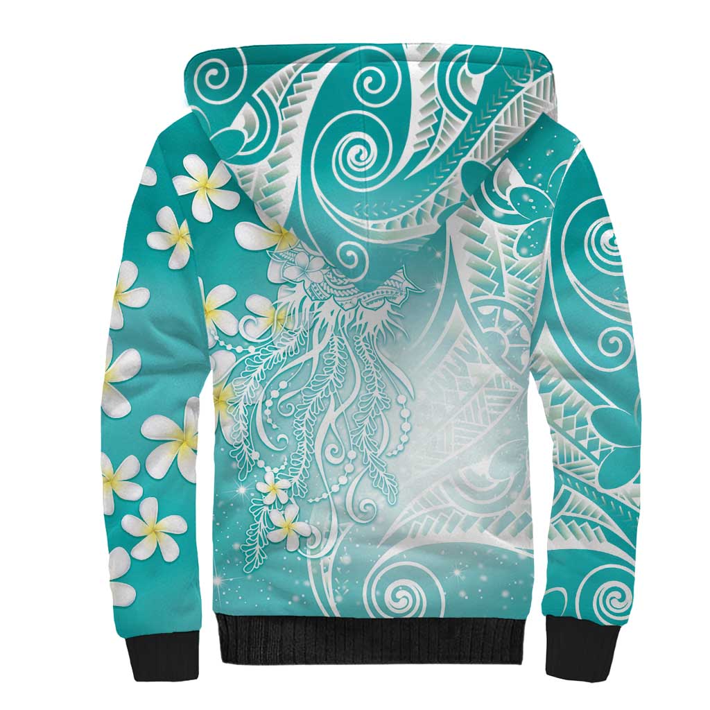Polynesian Jellyfish Sherpa Hoodie With Plumeria Teal LT05 - Polynesian Pride