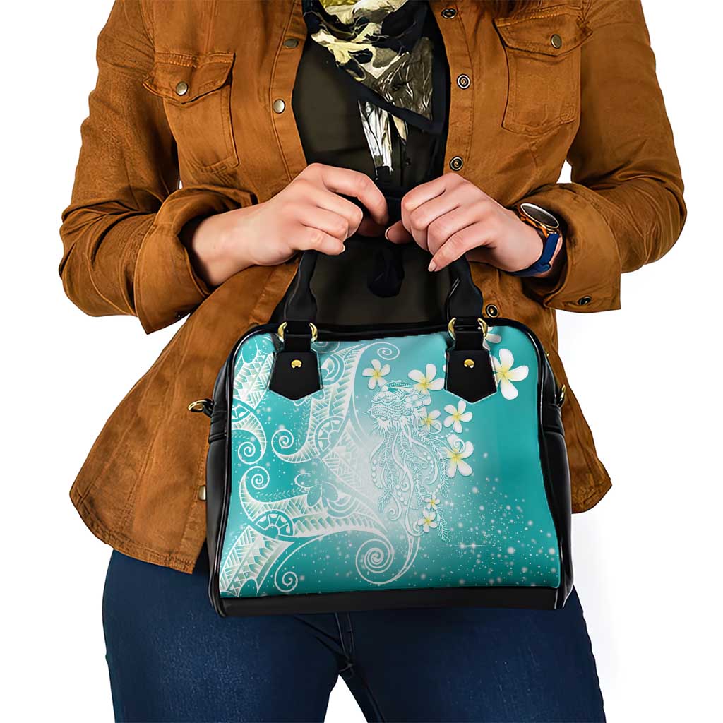 Polynesian Jellyfish Shoulder Handbag With Plumeria Teal LT05 - Polynesian Pride