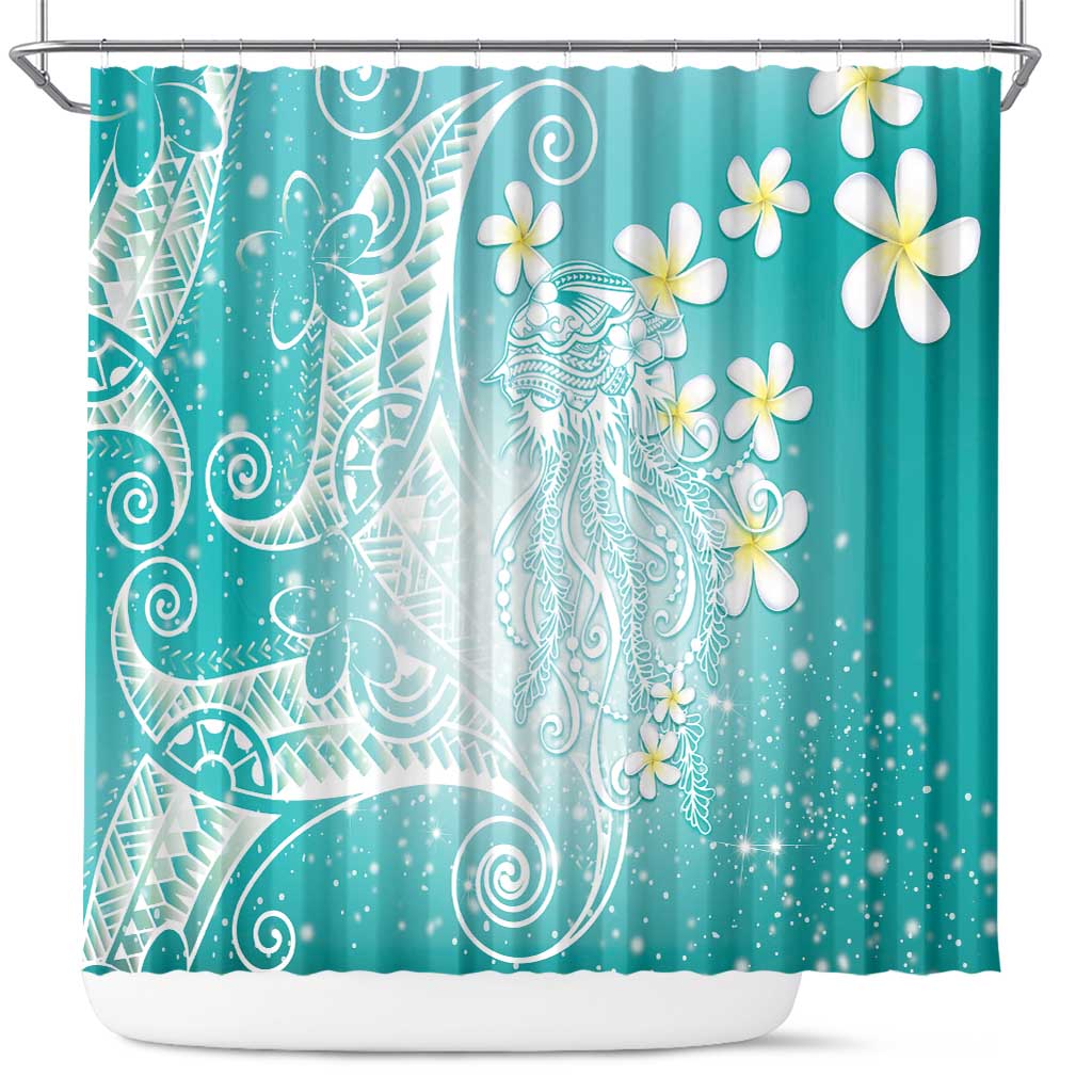 Polynesian Jellyfish Shower Curtain With Plumeria Teal LT05 Teal - Polynesian Pride