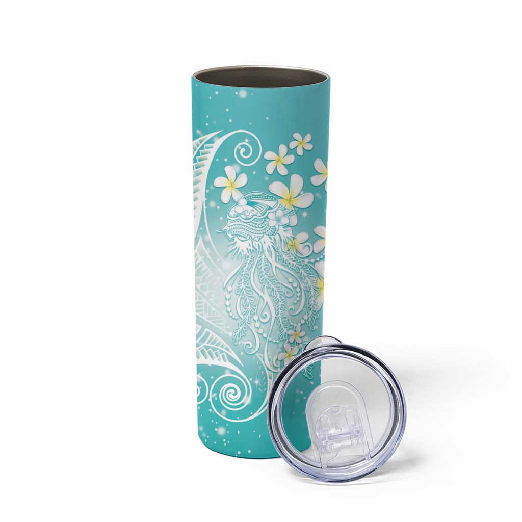 Polynesian Jellyfish Skinny Tumbler With Plumeria Teal