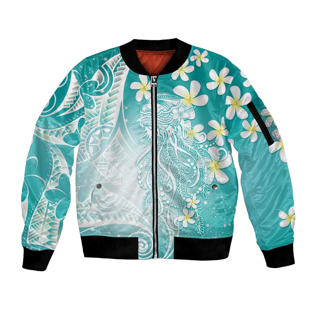 Polynesian Jellyfish Sleeve Zip Bomber Jacket With Plumeria Teal LT05 Unisex Teal - Polynesian Pride