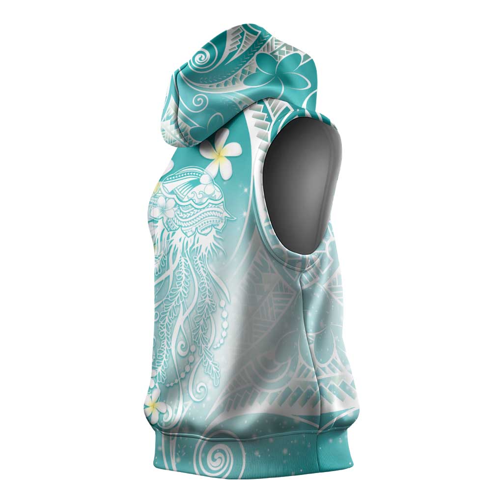 Polynesian Jellyfish Sleeveless Hoodie With Plumeria Teal LT05 - Polynesian Pride