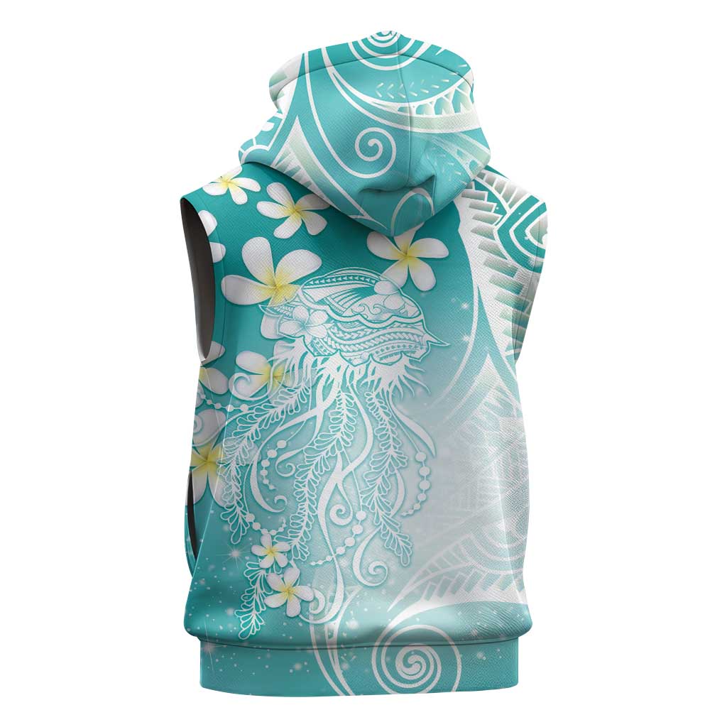 Polynesian Jellyfish Sleeveless Zip Hoodie With Plumeria Teal LT05 - Polynesian Pride