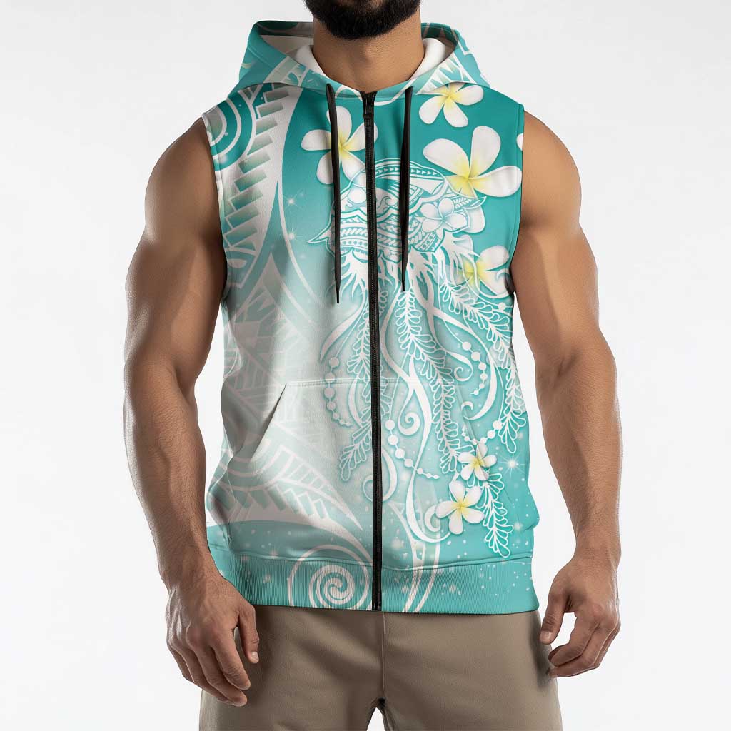Polynesian Jellyfish Sleeveless Zip Hoodie With Plumeria Teal LT05 - Polynesian Pride